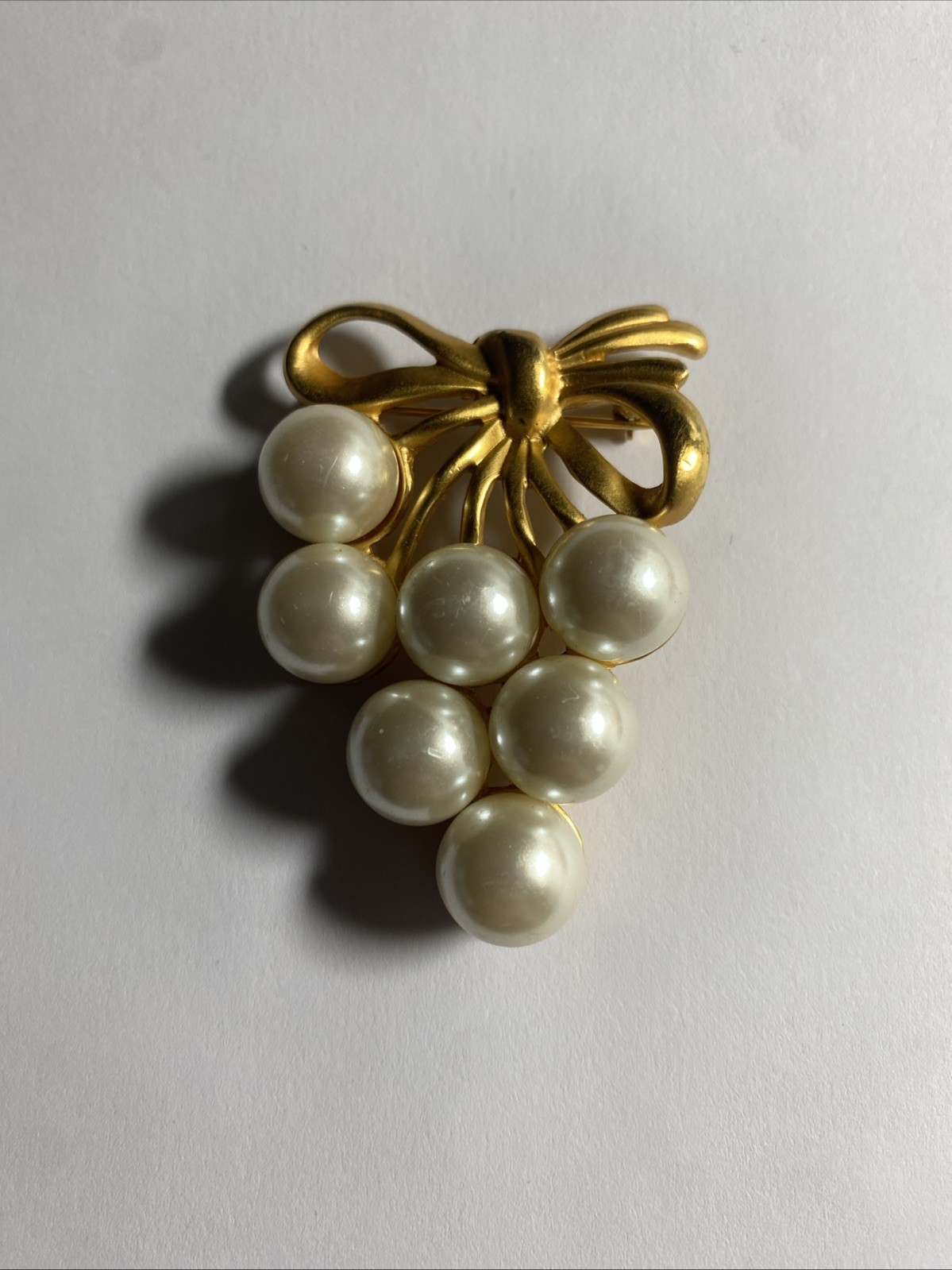 Vintage Gold Bunch of Grapes Brooch with Faux Pearls and Bow