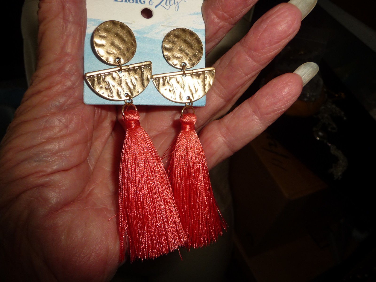 3 3/4”L DANGLE MCM GOLD TONE W LONG ORANGE THREAD TASSEL PIERCED EARRINGS #8/19
