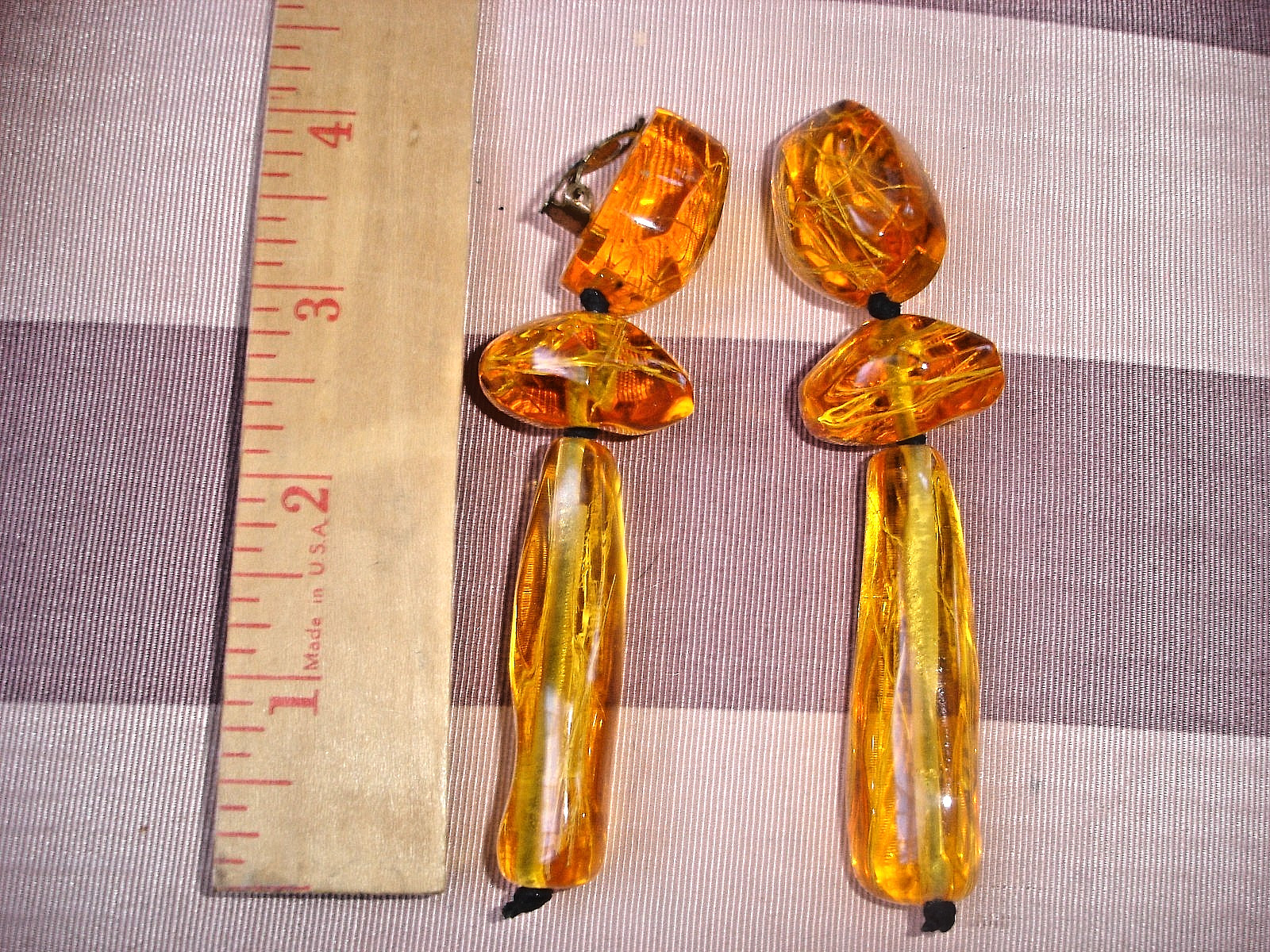Vintage RARE Gerda Lynggaard Monies HUGE 4 Inch Amber Resin Dangly Clip Earrings