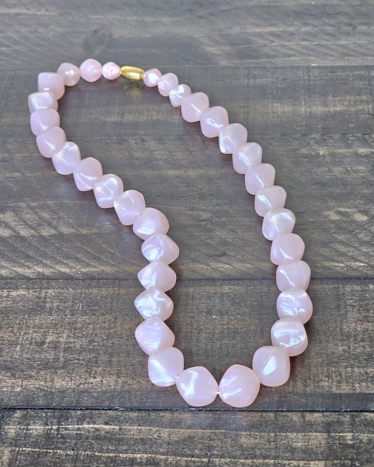 Vintage Pink Glass Necklace Diamond Shape Beads Gold Tone Screw Clasp 20 Inches