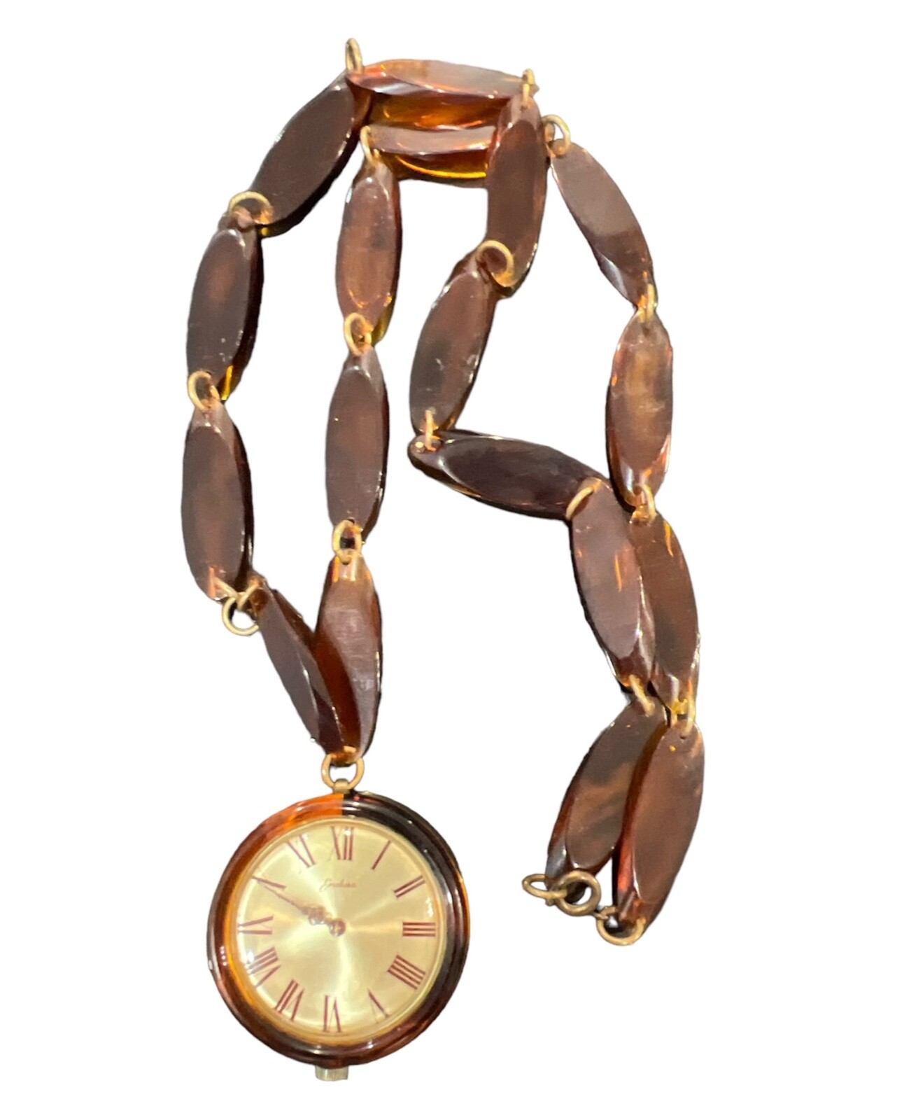 Vintage Bakelite Watch Pendant Faux Tortoise Necklace MCM Endura Self Winding