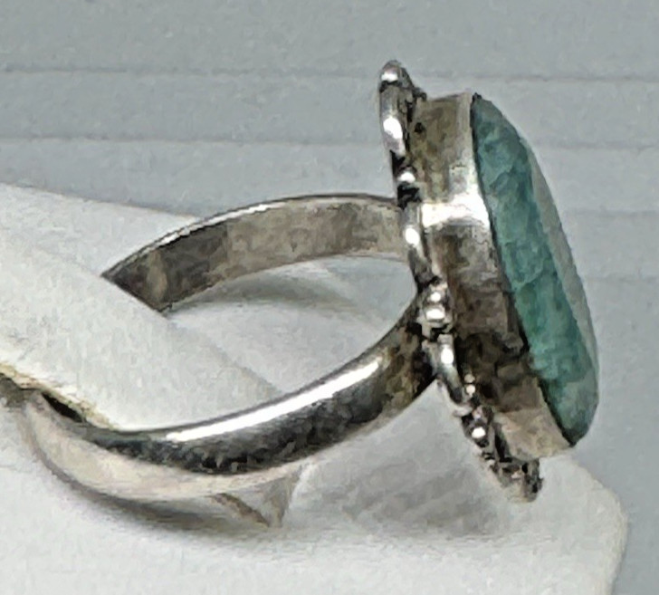 Vintage Artisan 12x17mm Oval Faceted Green Beryl Ring 925 Silver Size 7.5