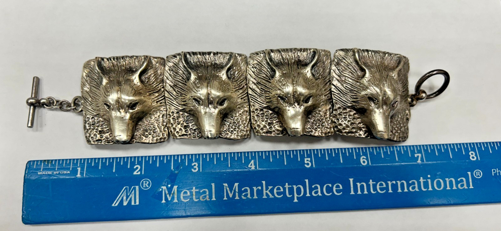 Vintage Silver Fox Wolf Head Articulated Link Bracelet 7.5 Inches
