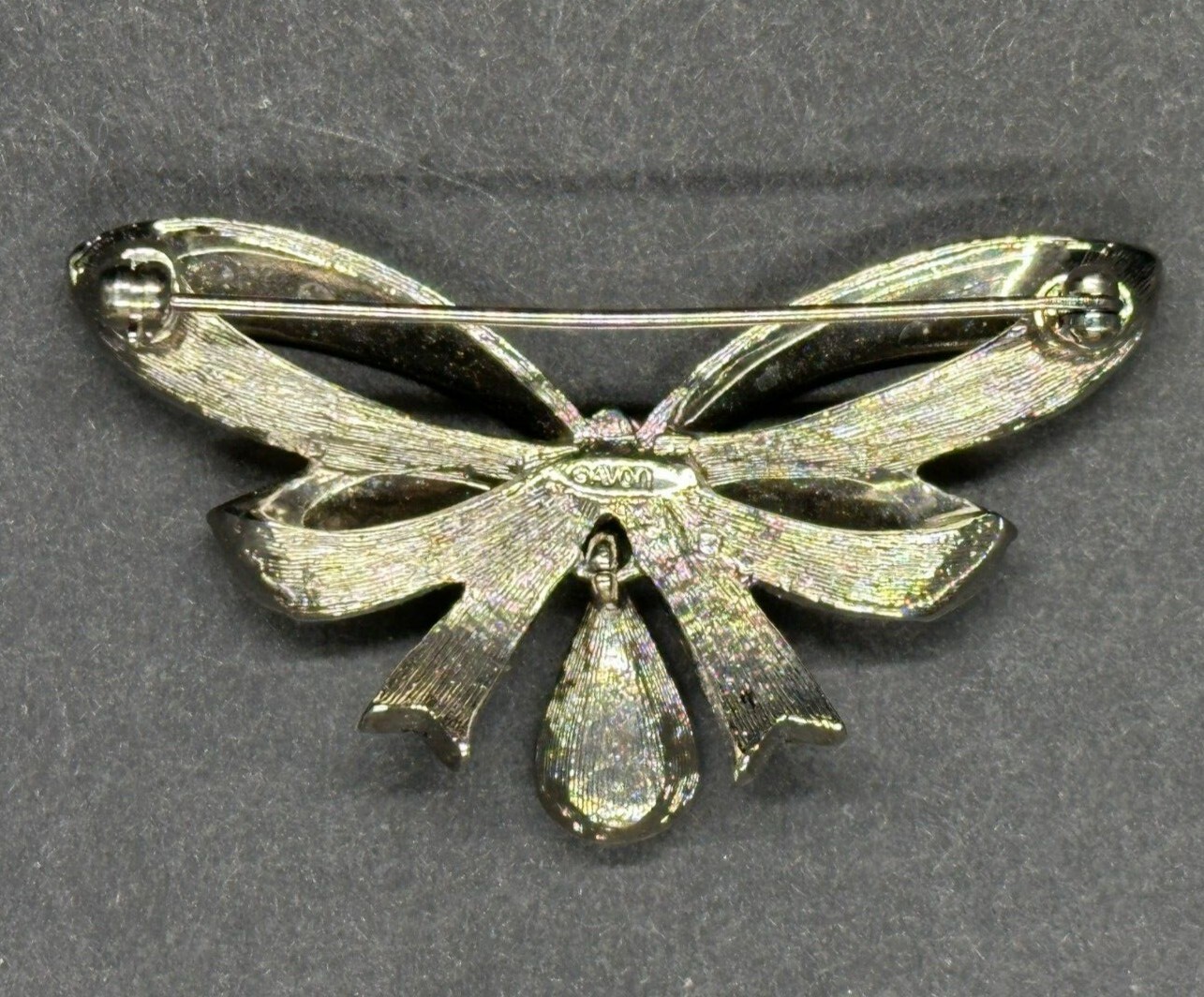 Avon Vintage Bow Brooch May Emerald-Green Birthstone Faux Marcasite Rhinestone