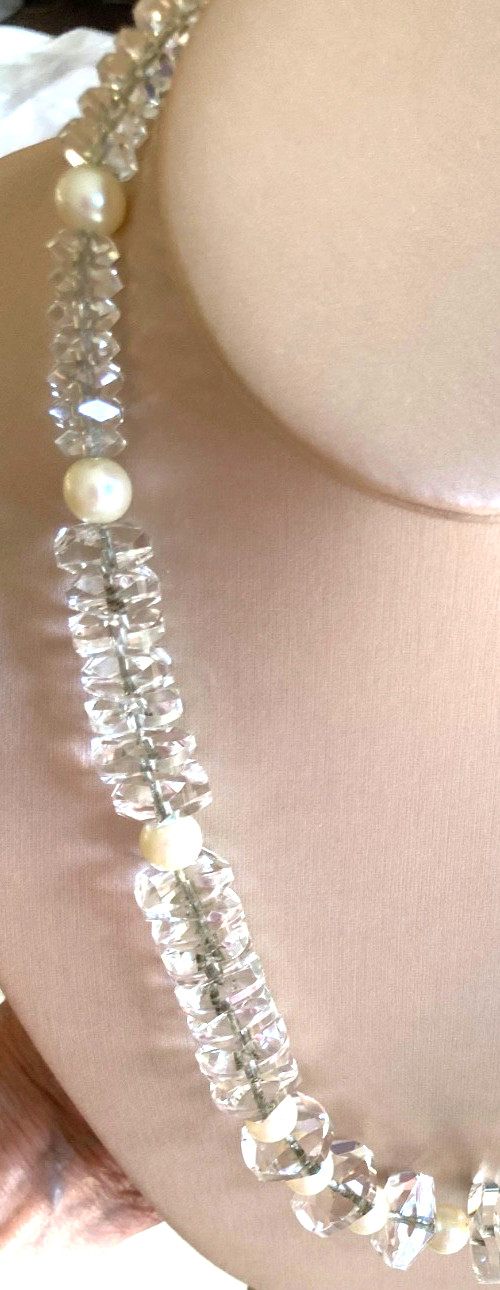 Vtg ROCK CRYSTAL Art Deco Necklace w/Pearls, Amazing Faceted Crystals 100.4grams