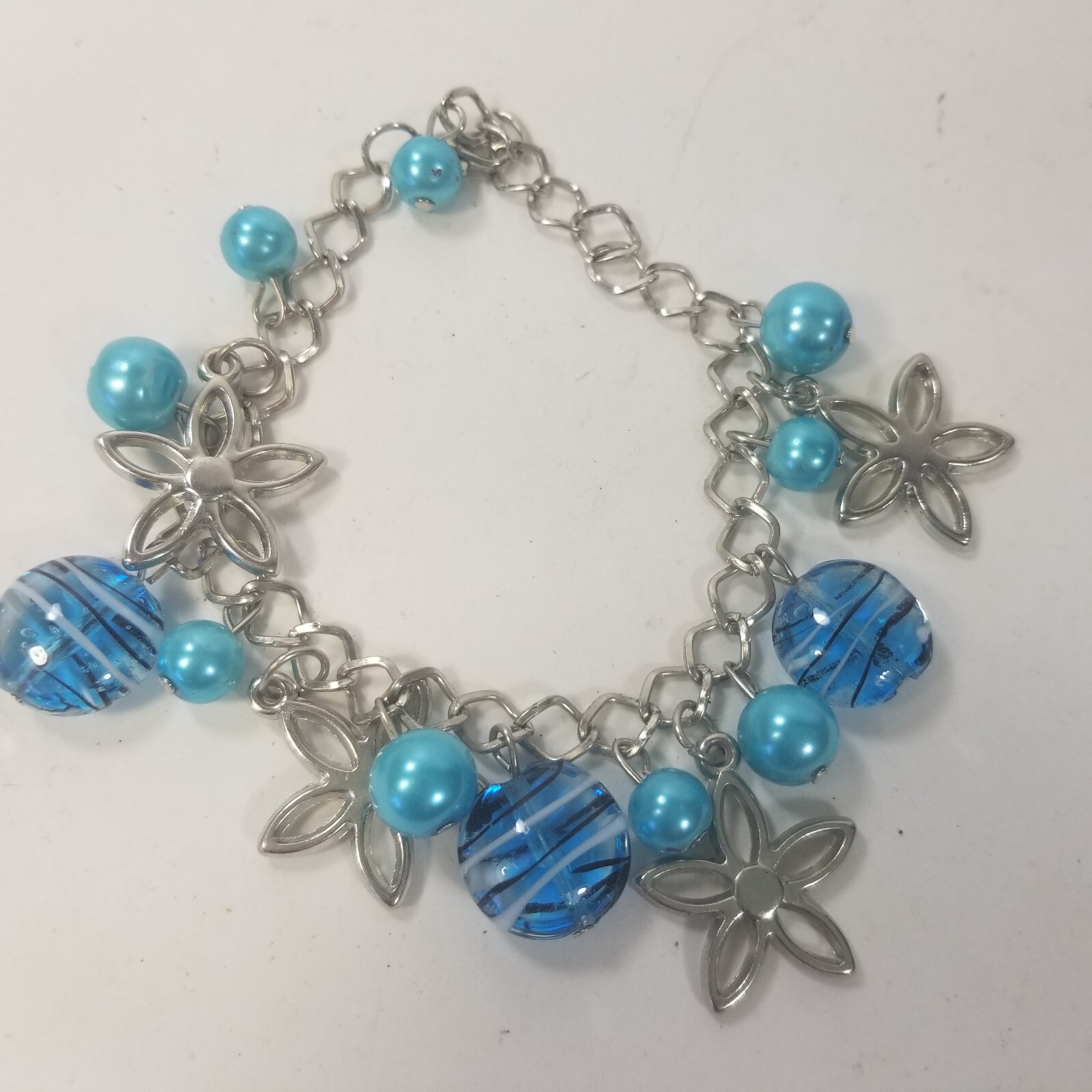 Charm Bracelet Blue Silver Tone Flower Glass Bead Dangle