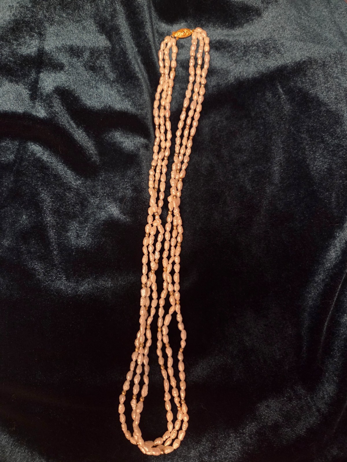 Vintage 3-strand rice pearl necklace with gold tone beads fish hook clasp