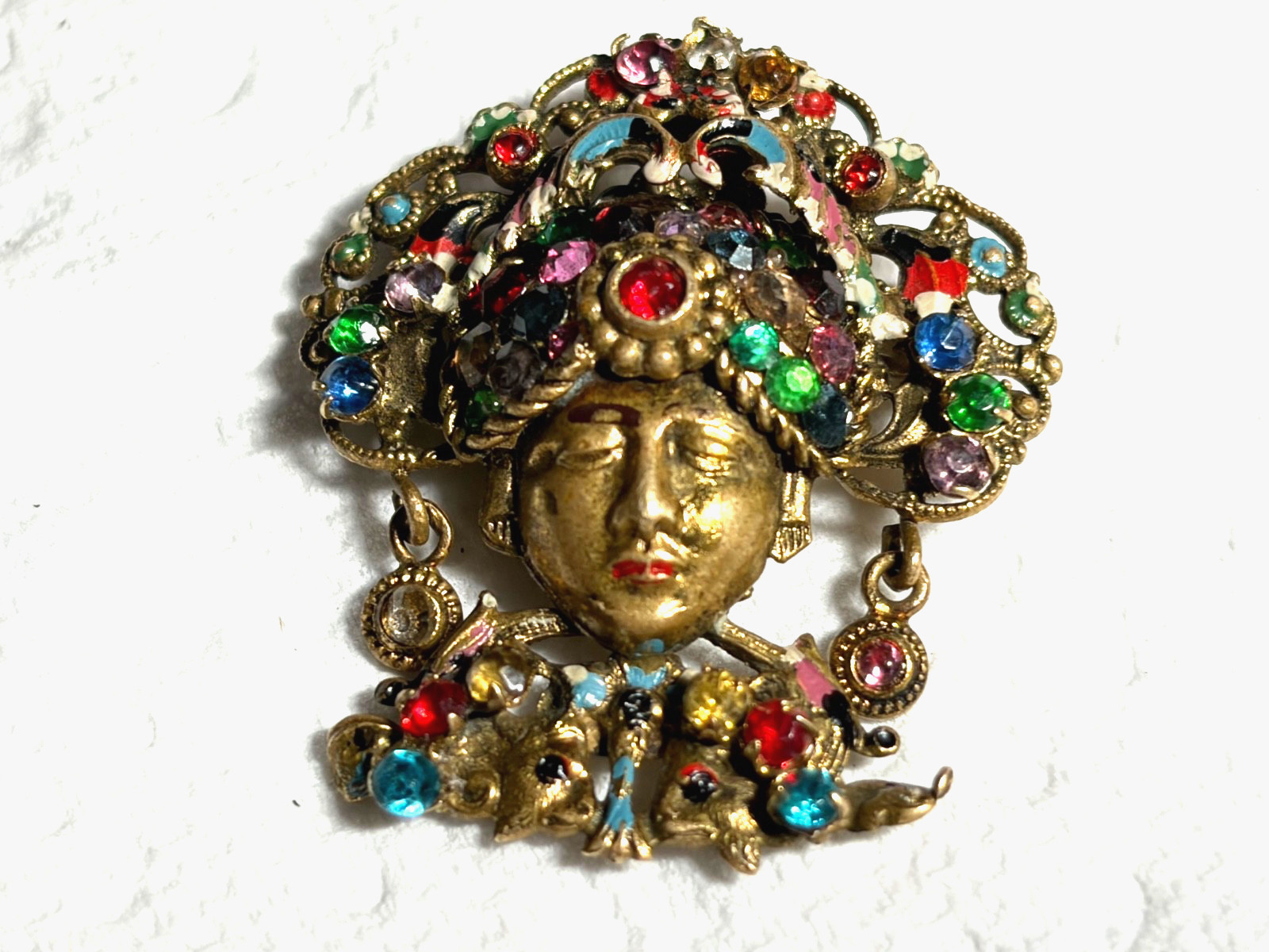 Antique Czech Art Deco Bohemian Glass Filigree Enamel Brooch Turban Sultan 1920s