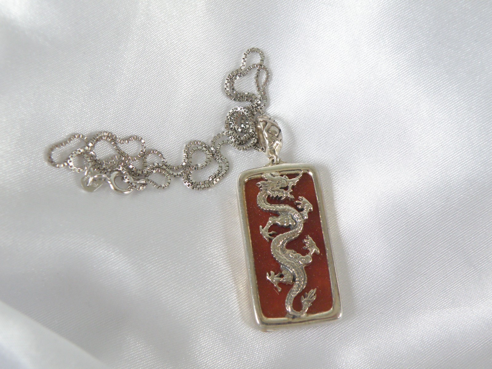 Vintage Sterling Silver 925 Red Jade Asian Dragon Pendant Necklace