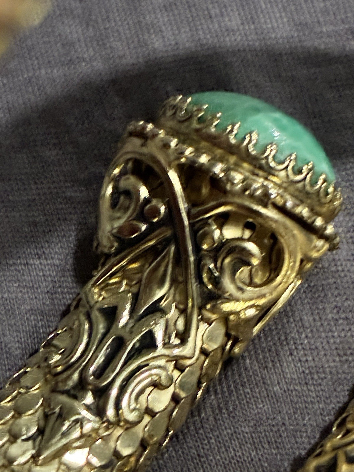 Vintage Whiting & Davis Mesh Snake Wrap Bracelet Green Peking Glass Cabachon