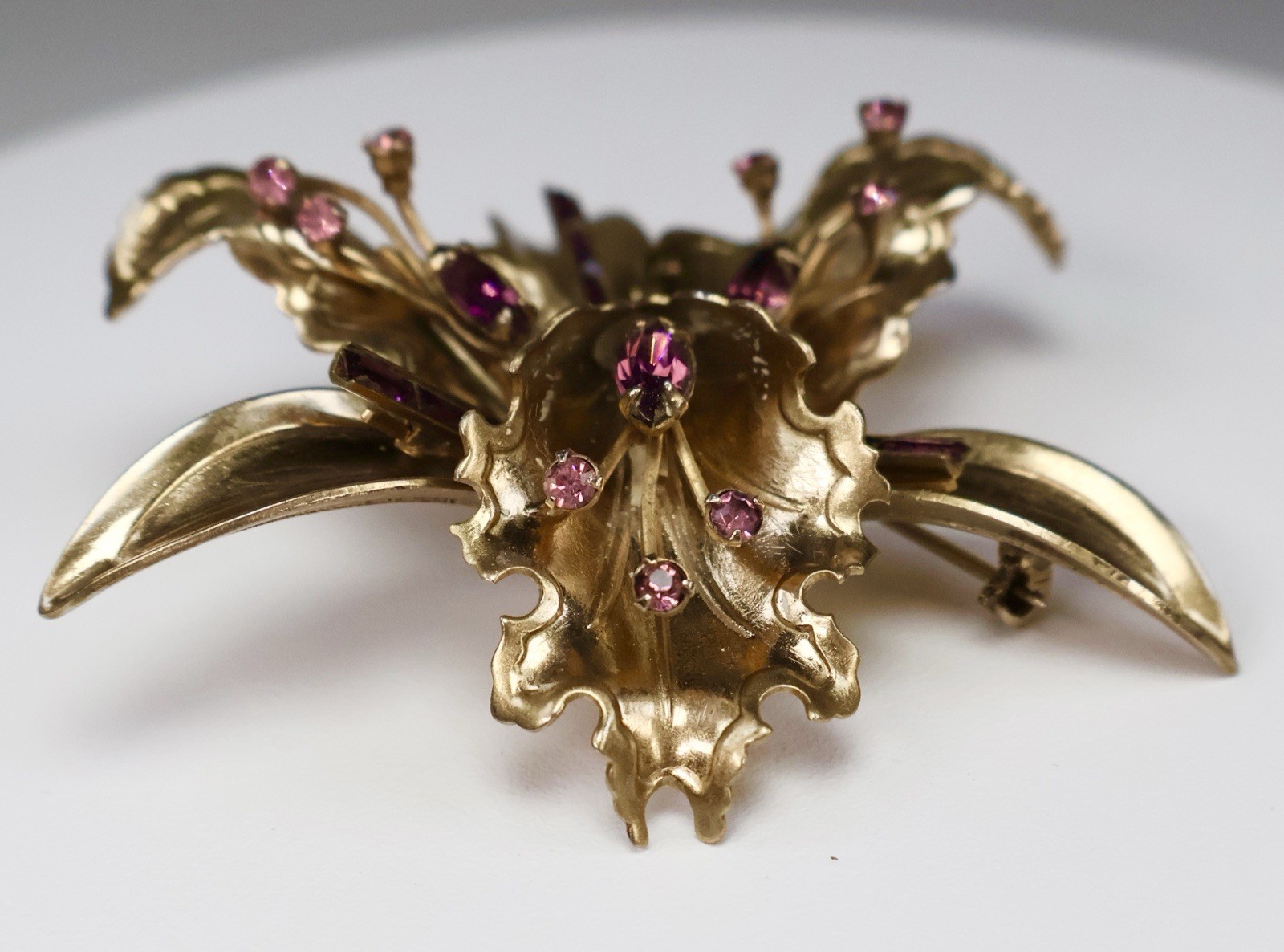 Vintage Iris Orchid Brooch Purple Rhinestones Baguettes Round Gold Tone Flower