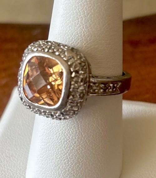 VTG Cushion Cut Citrine Halo Set W/ Rhinestones Silver Ring Size 8 Beauty