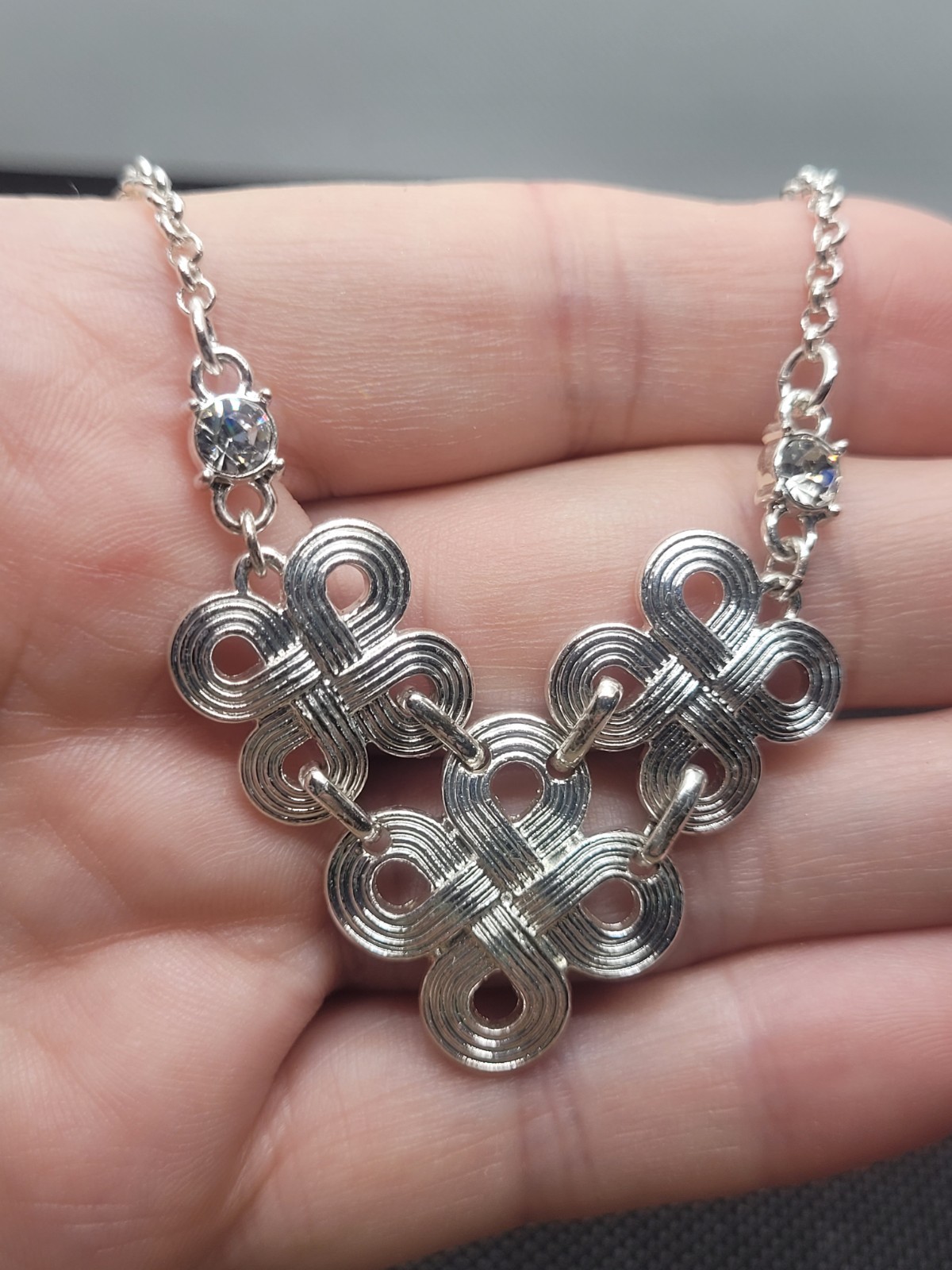 Silver Tone A Leather Rhinestone Pedant Chain Necklace 18in