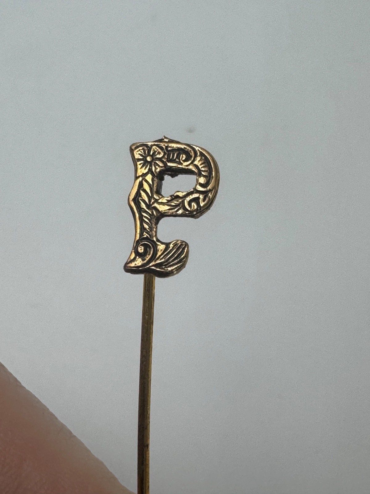 Victorian Letter P Stick Pin Art Nouveau Embossed Floral Initial Vintage