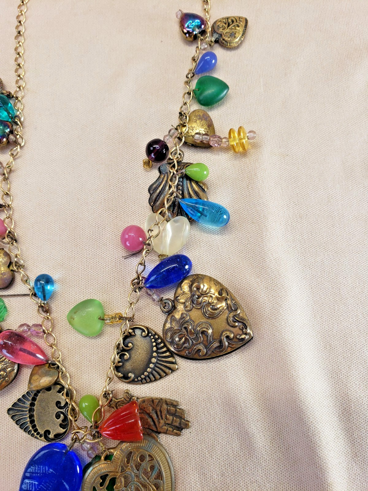 Vintage Ornate Hearts and Glass Charms Necklace Glass Works Studio Style AS IS