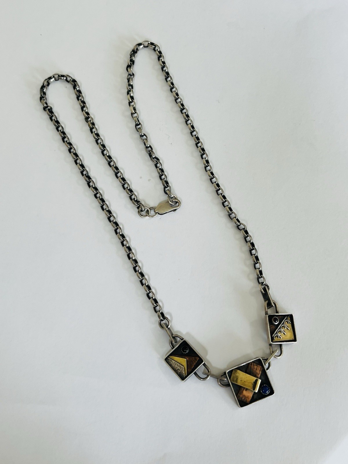 Vintage Signed Modernist Mixed Metal Sterling Silver Stone Link Necklace 32Grams