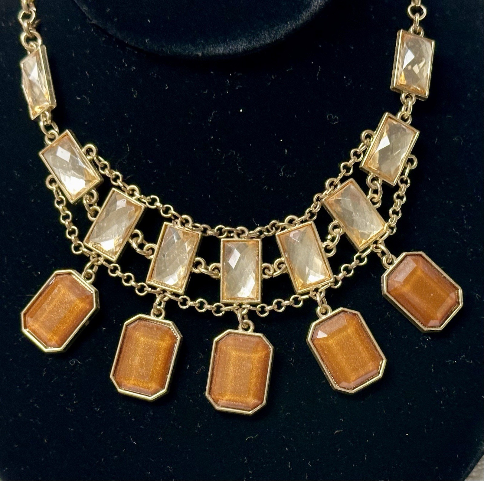 Faceted Rectangle Cabochon Gold Tone Bib Necklace n0153
