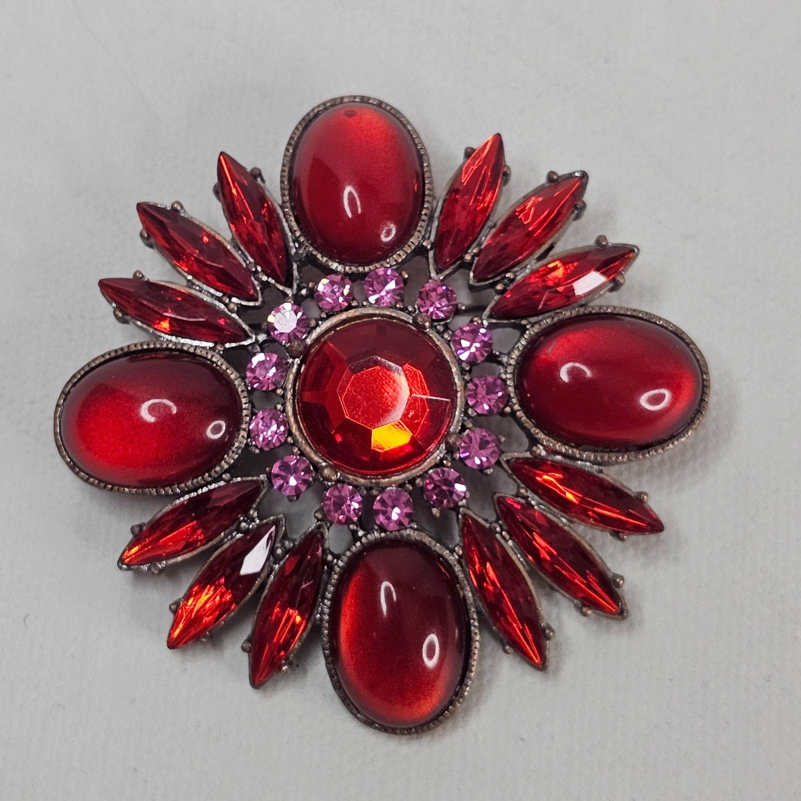 Retro Red Rhinestone Flower Brooch Fuchsia Pink Cabochon Acrylic Unmarked Jewel
