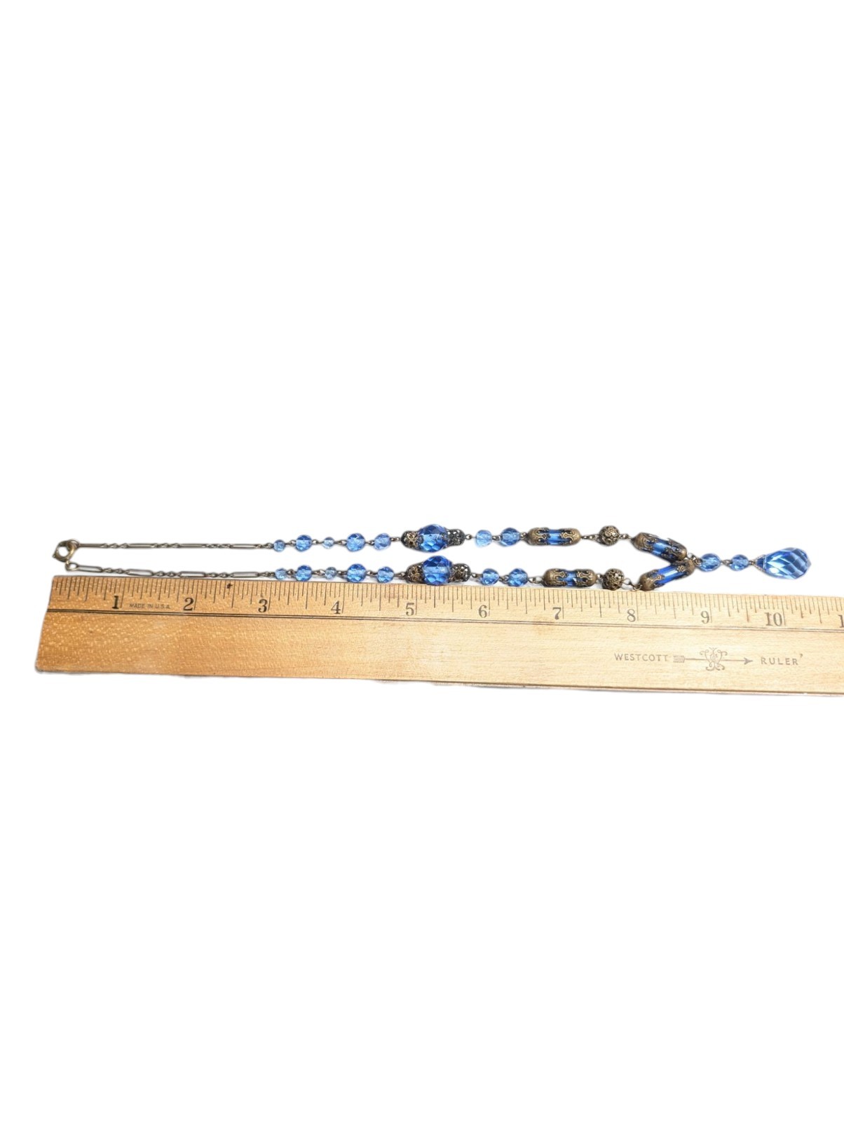 Czech Glass Necklace Blue Lozenge Art Deco Drop Pendant Faceted Filigree