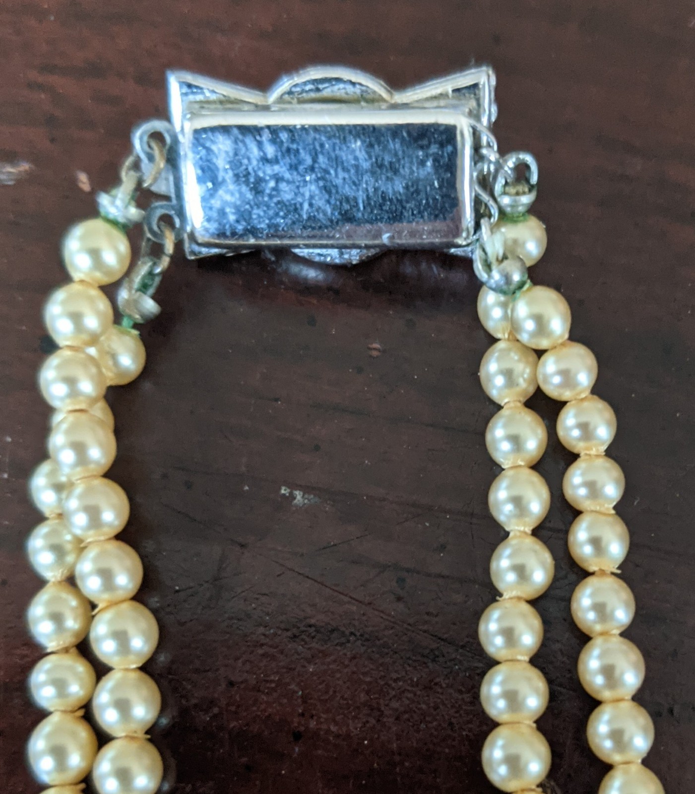 Vintage 1940’s Hand Knotted Faux Pearl Double Stand Necklace Bow Clasp 16.5″