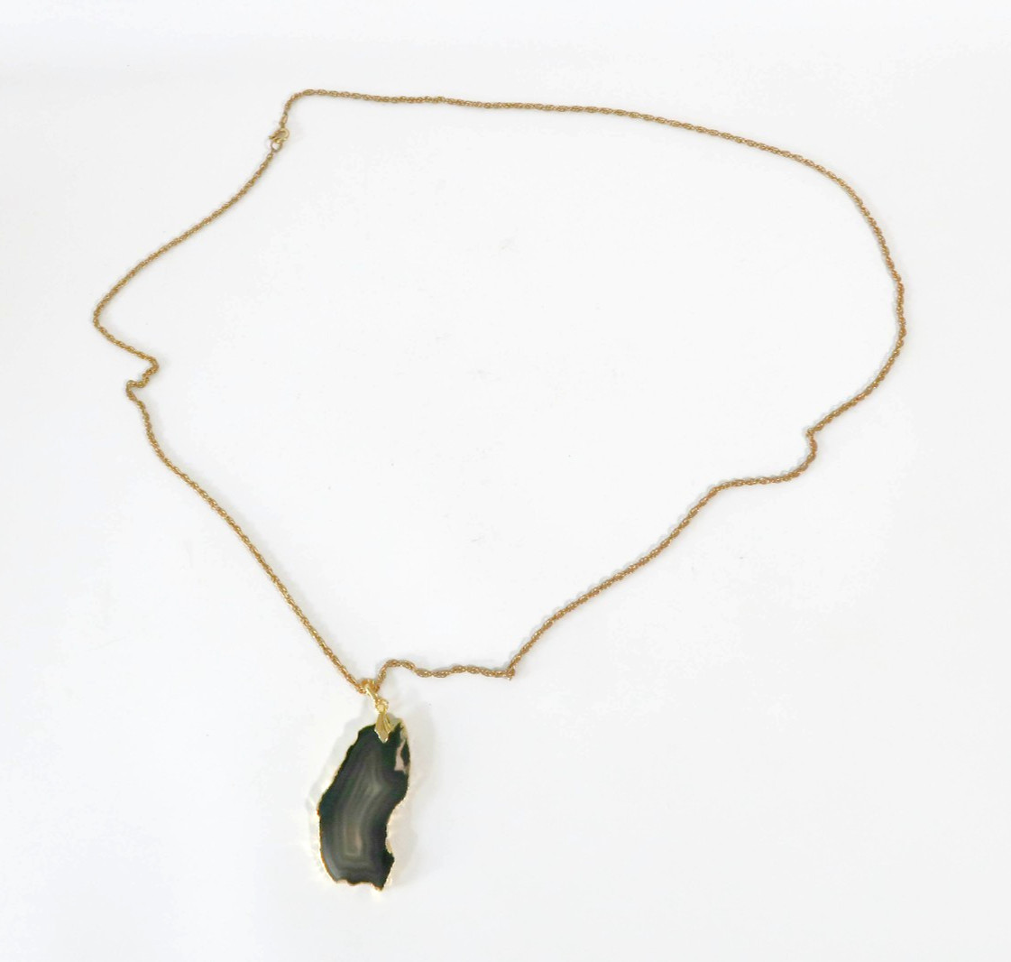 Vintage Rolled Gold Natural Agate Slice Pendant Necklace Boho Stalactite Geode