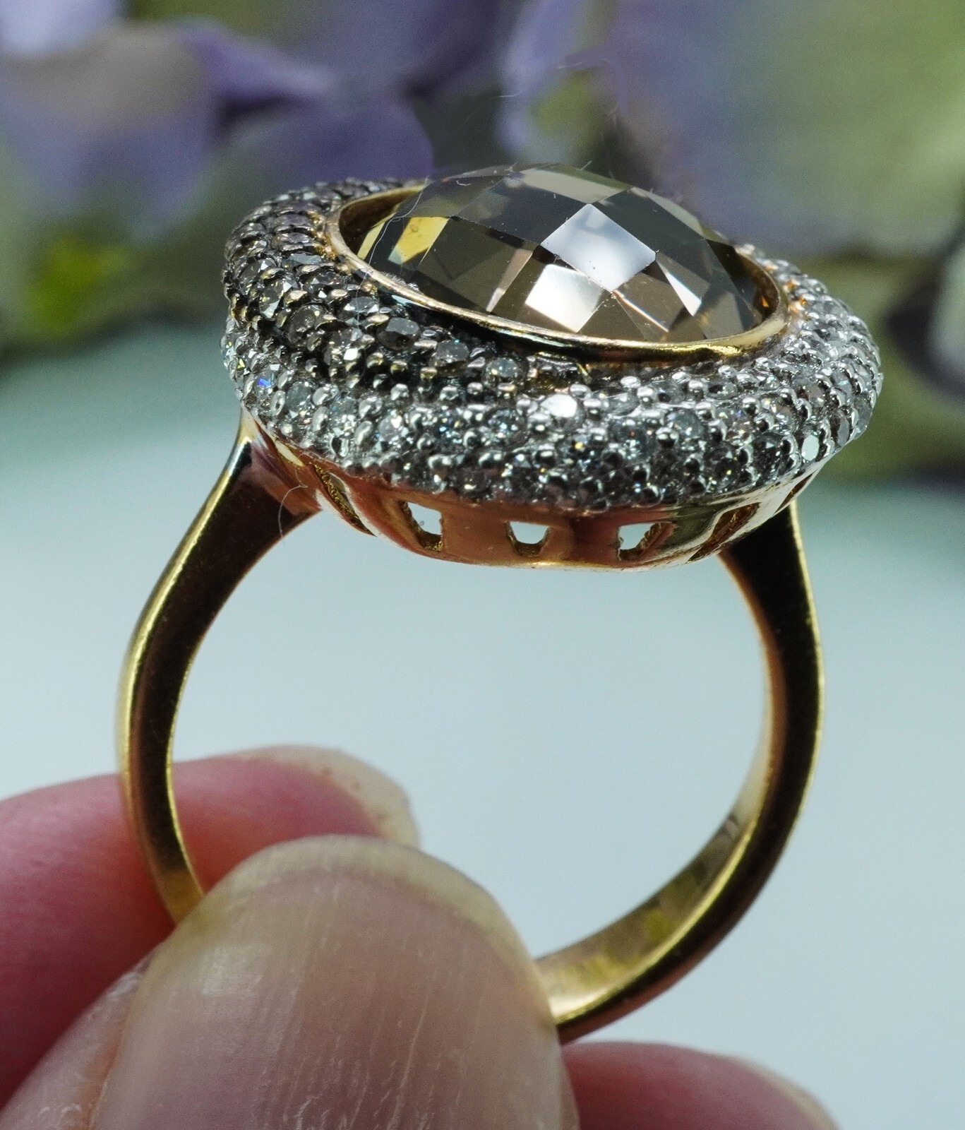 Vintage Quartz Champagne White Diamond Ring 14K Gold Designer Estate Italy