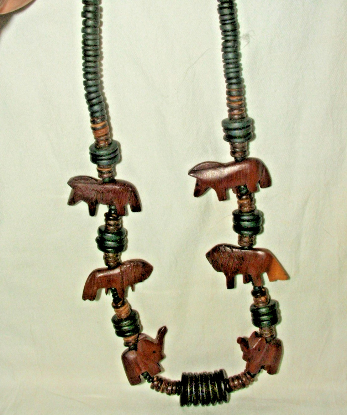 6 pc Vintage Wood Carved Safari Theme Jewelry Collection in Browns Black & Beige