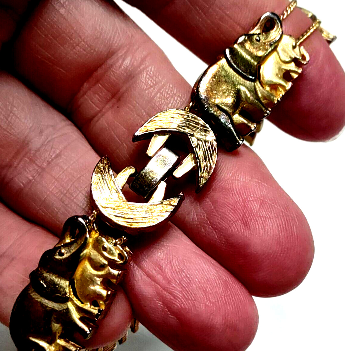 Charm Slide Bracelet Gold Tone Metal VTG Elephant Mom & Baby Double Chain