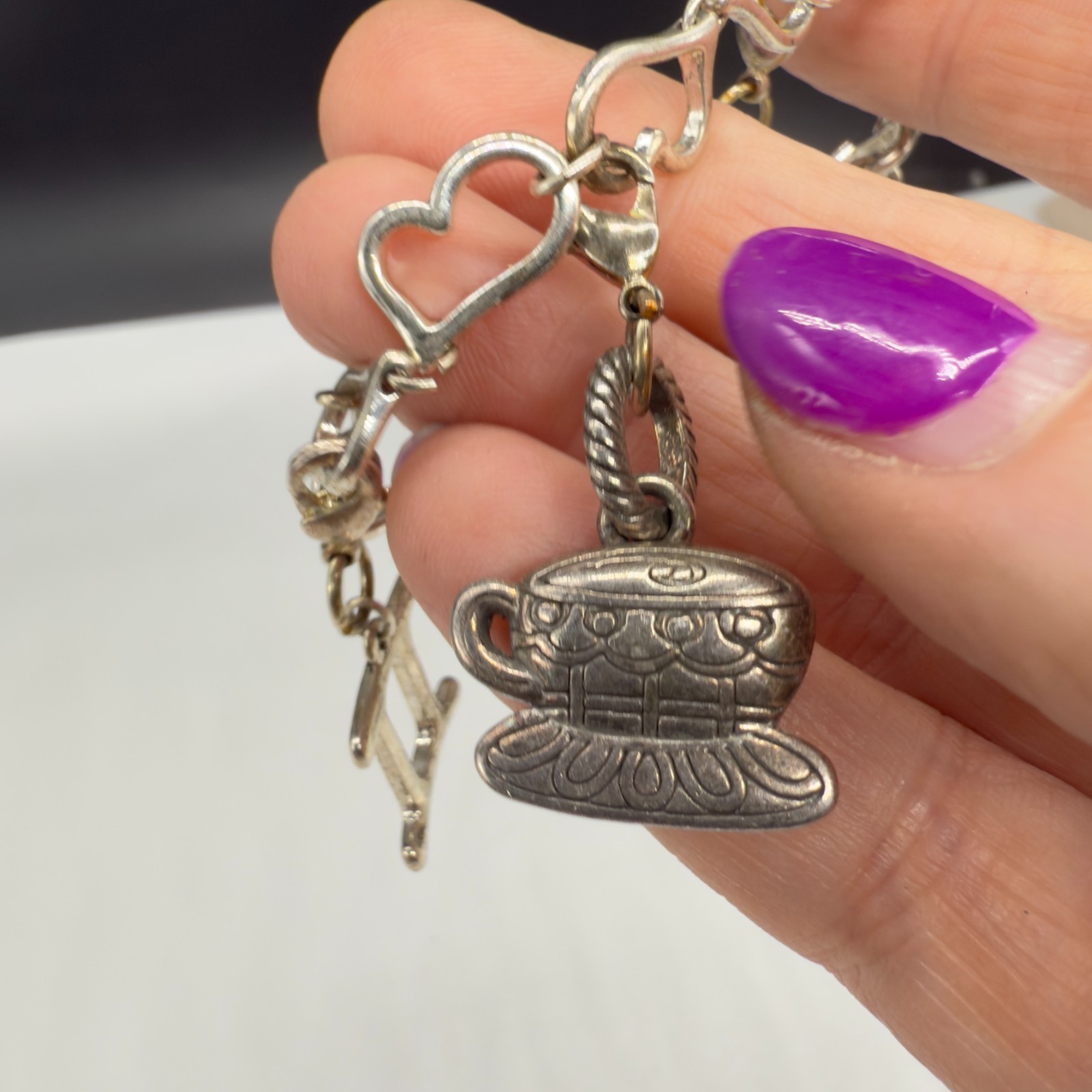 Heart Charm Bracelet Silver Tone Links Crystal Charms Enamel Size 6