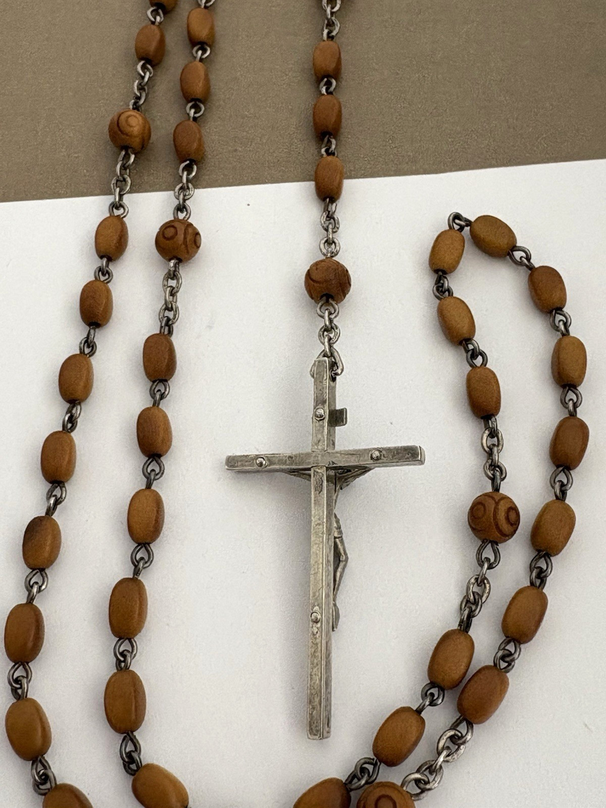 Antique Vintage Sterling Silver 925 ITALY Catholic Rosary Carved Beads Necklace