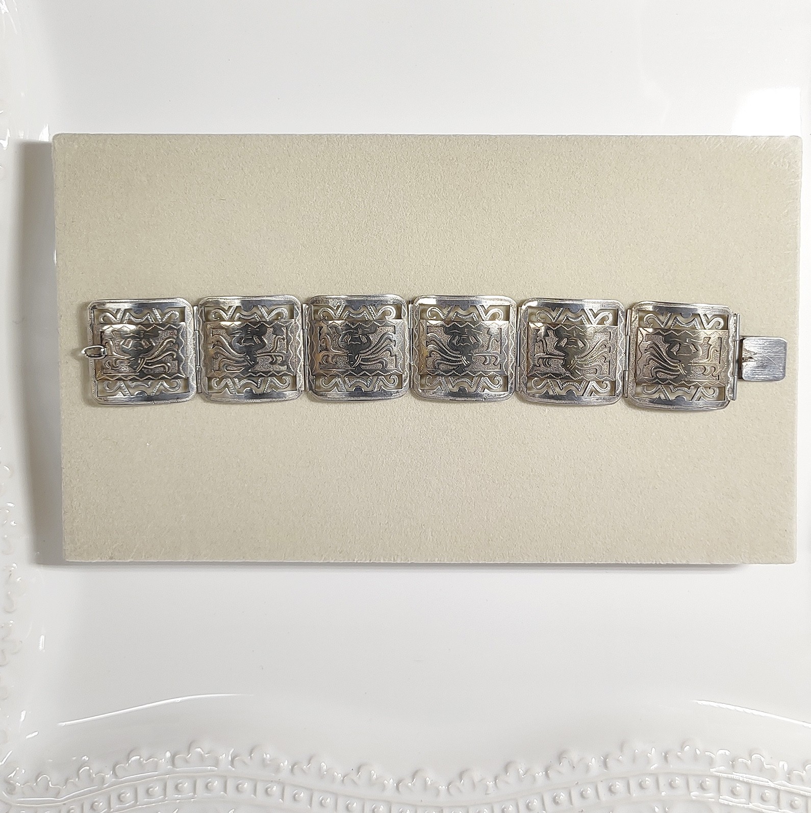 Vintage 60s Guatemala Bracelet 900 Silver Gold Wash Mayan Storyteller Signed 39g