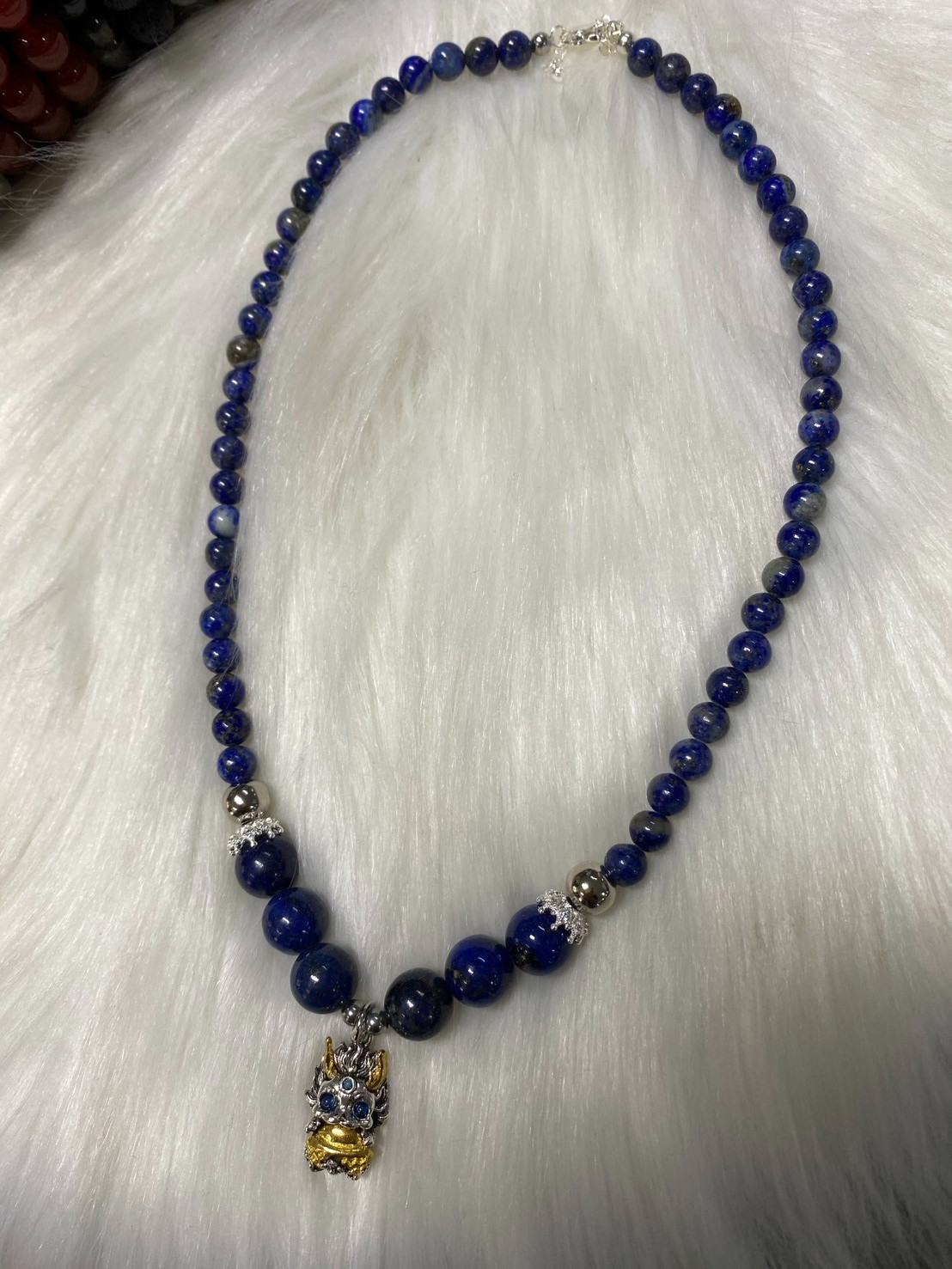 Natural Lapis Lazuli Beaded Necklace with Chinese Dragon Pendant Protection Amul