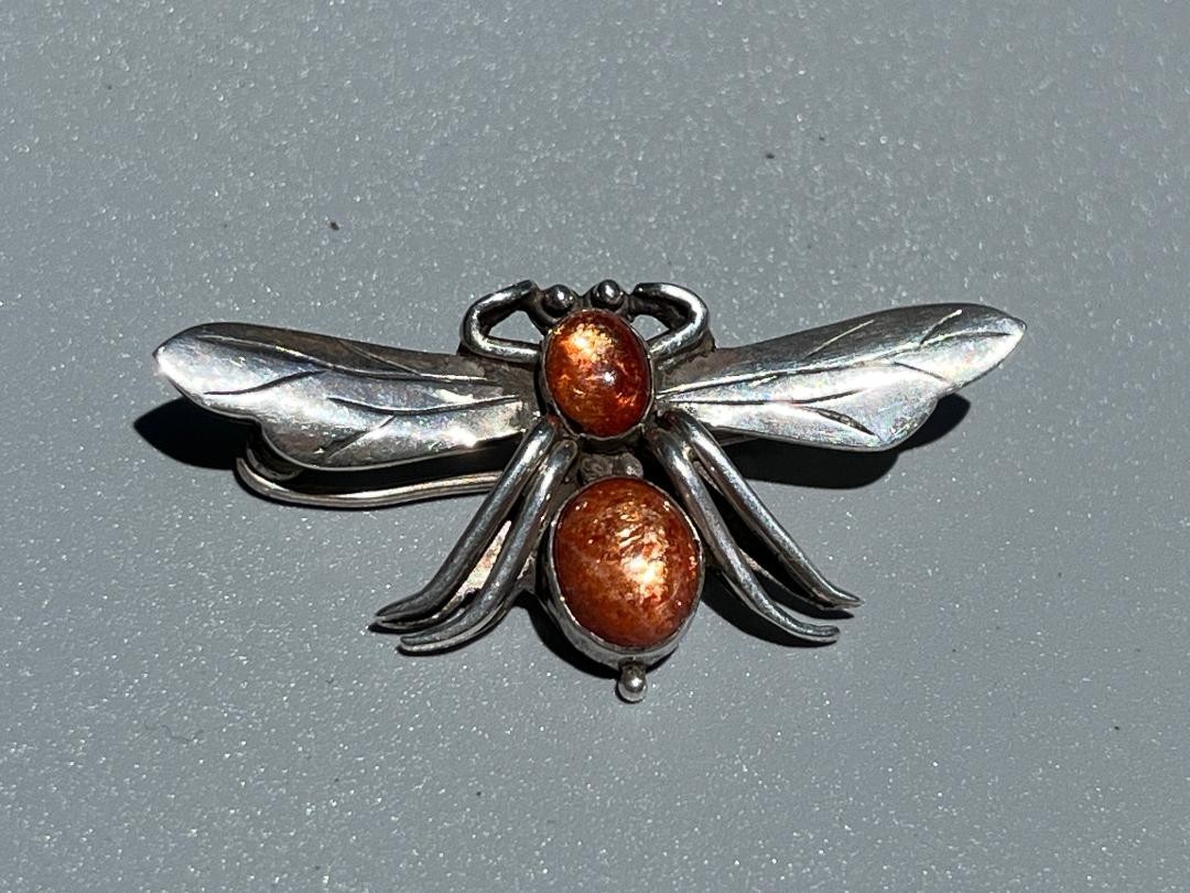 Vintage 925 Sterling Silver Orange Sunstone Fly Bug Insect Brooch Pin Figural 3D