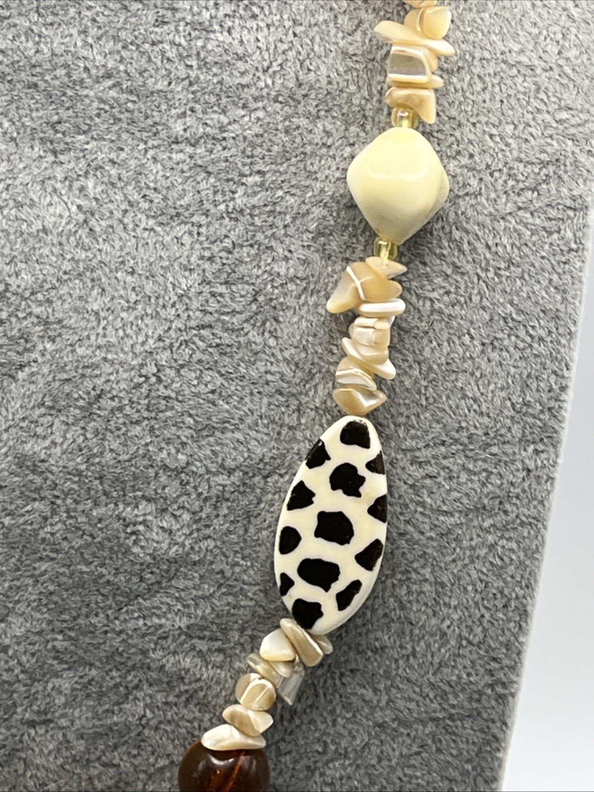 Vintage Shell And Acrylic Animal Print Carved Elephant Asymmetrical Necklace