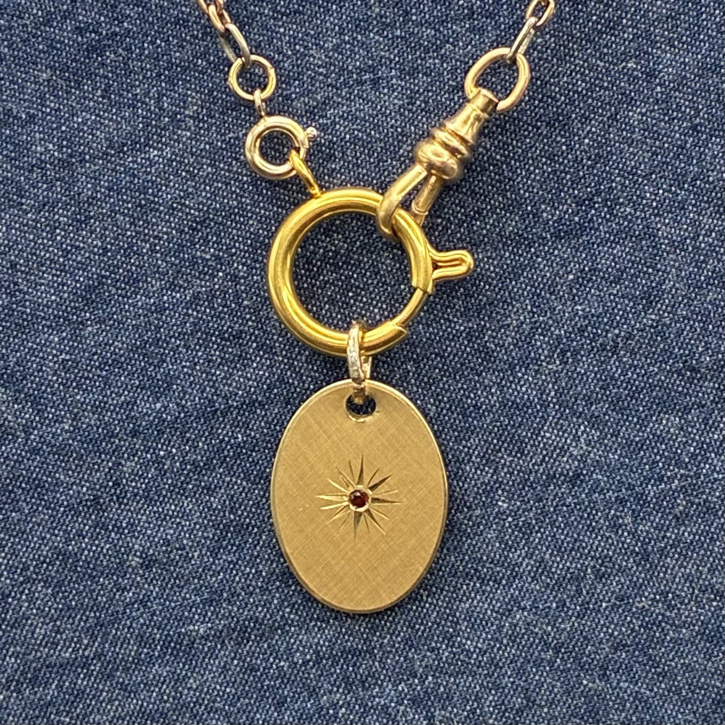 Vintage 12k Gold Filled Pocket Watch Chain FOB,Dog Clip,O-Ring, Ruby-Glass Charm