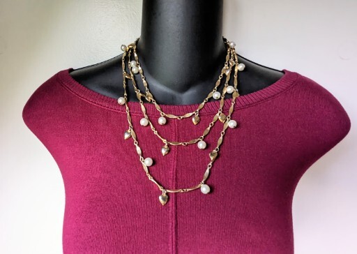 Vintage Twist Gold Tone Link Chain 54″ Necklace Faux Pearl Heart Dangle Charm