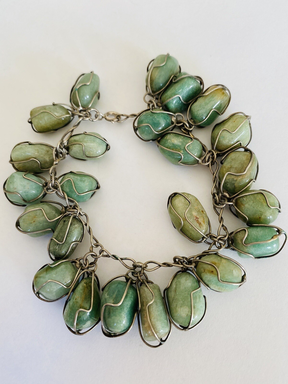 Vintage Sterling Silver Green Jade Tumbled Stone Wire Wrap Link Bracelet 7”