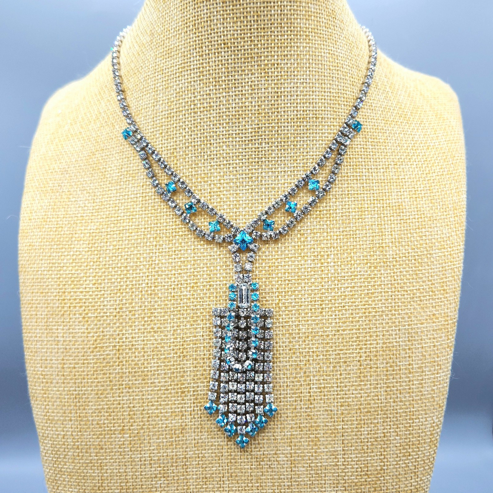 Retro Aqua Light Blue Square Rhinestone Crystal Lavalier Drippy Necklace 16″