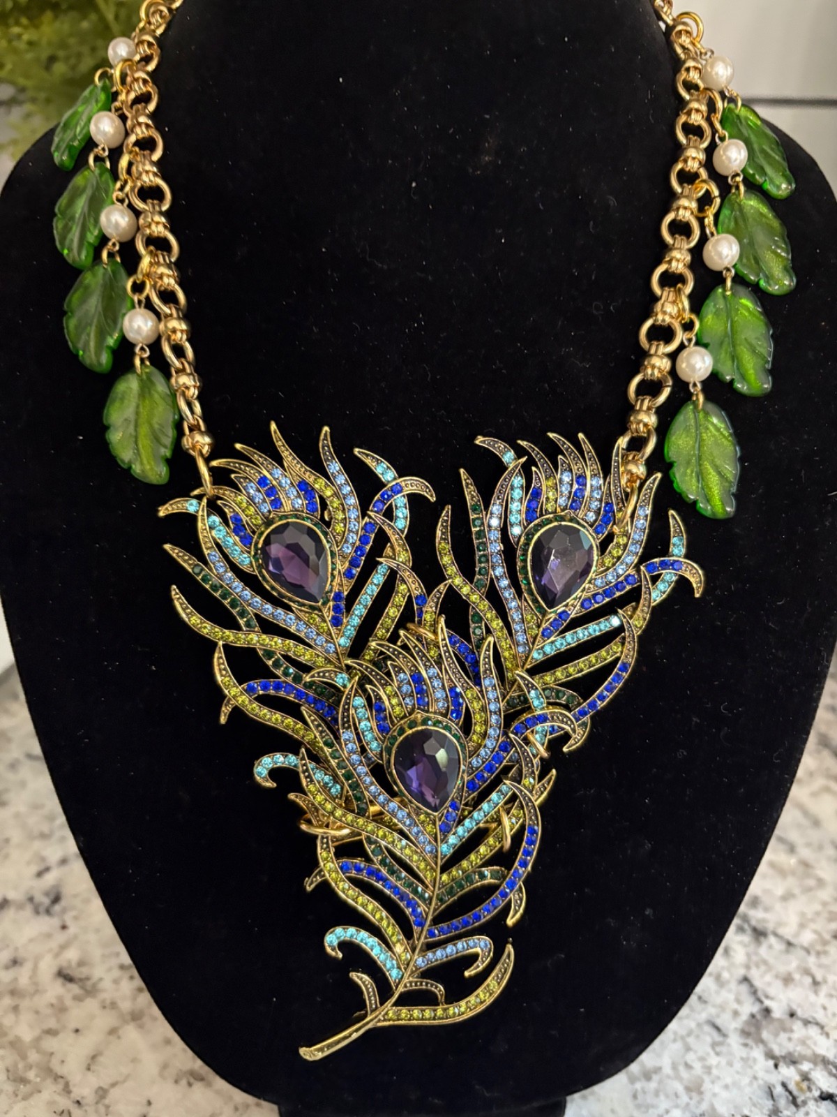 Triple Rhinestone Peacock Feather Statement Necklace-Repurposed & 1 of a Kind!