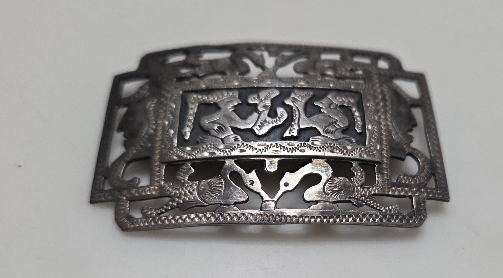 Antique 900 Silver Brooch Story Tellers Guatemala Warrior Mayan Inca 2″ Enamel
