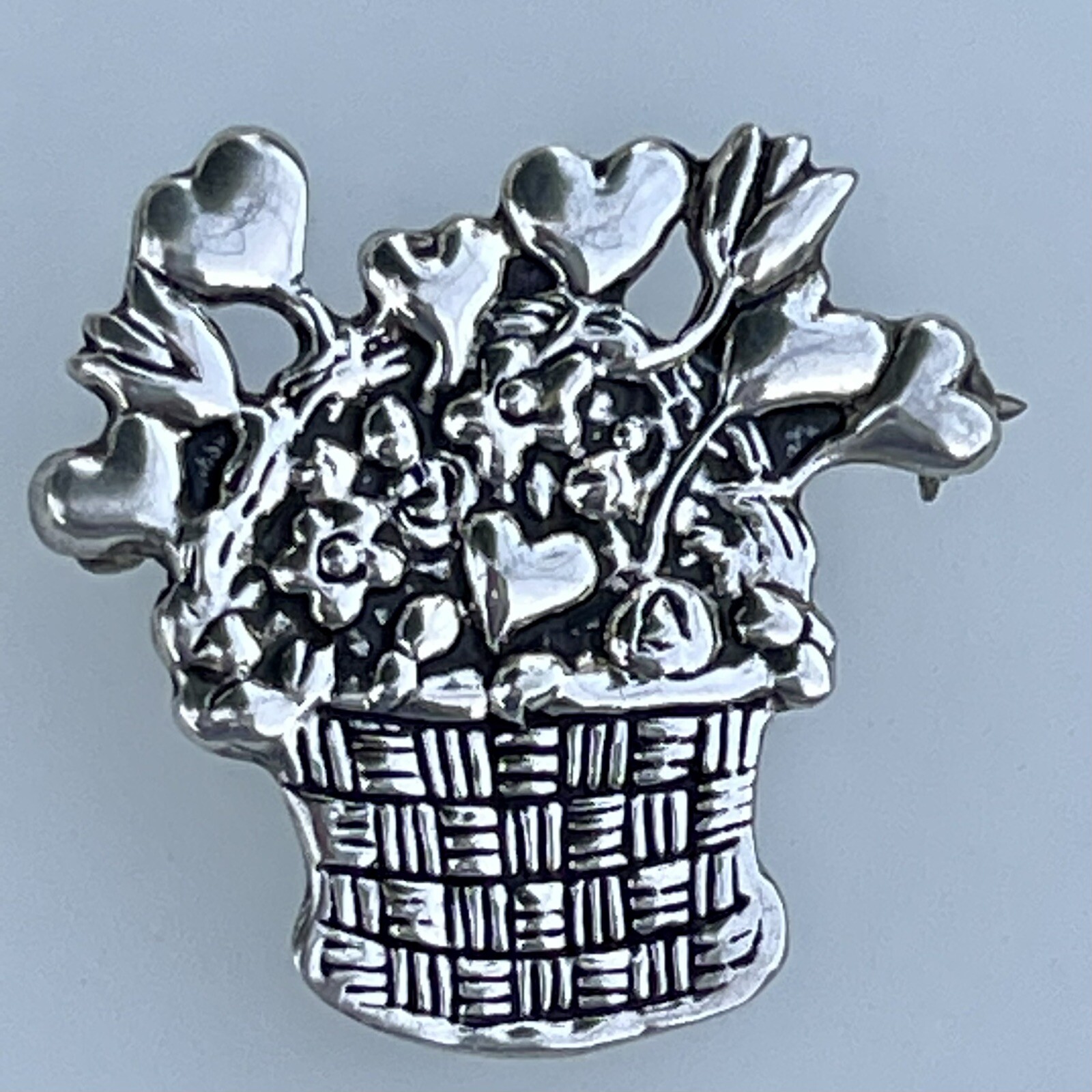 Mary Engelbreit Hearts Flowers Basket Brooch Signed ME 925 Sterling Silver Mex