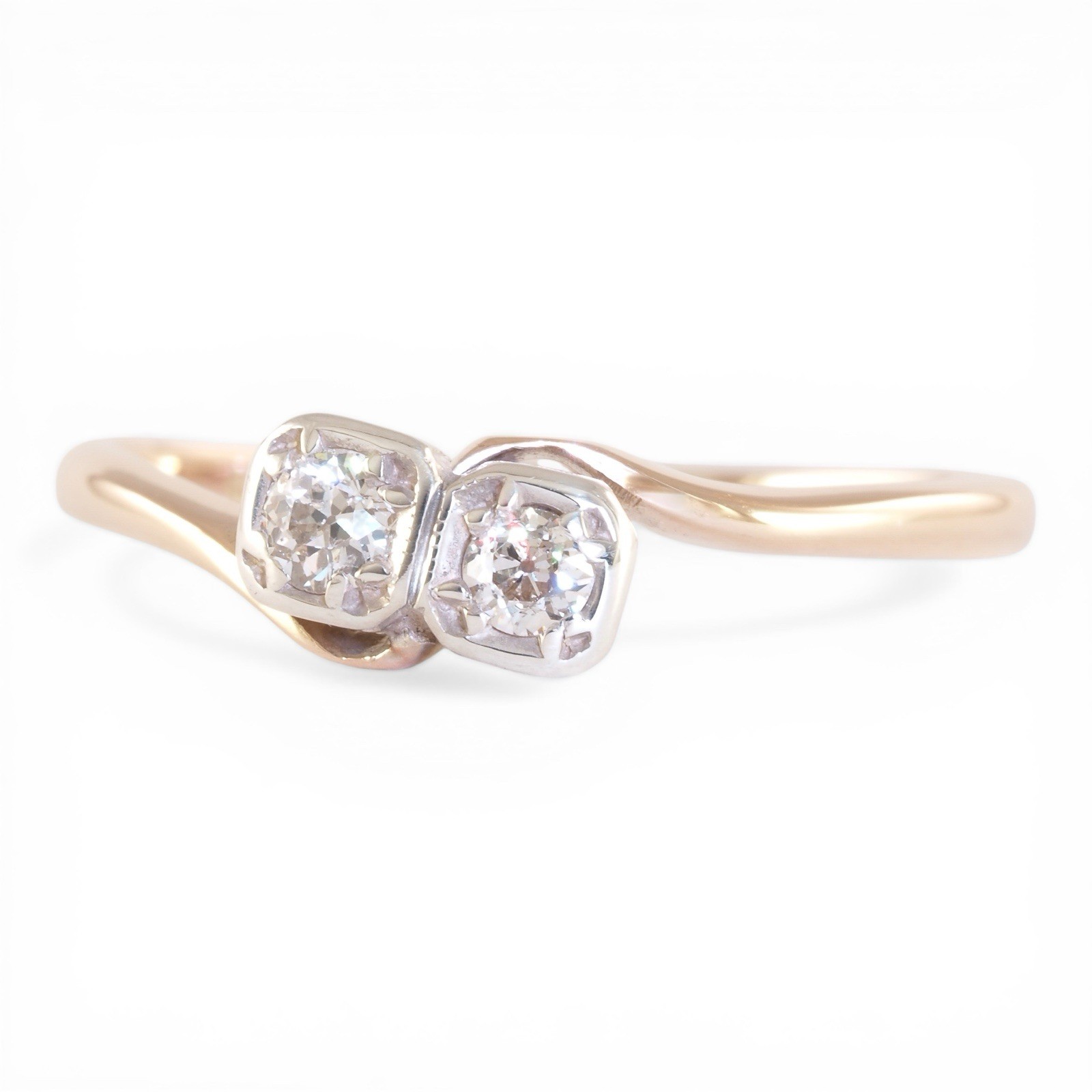 TWO SOULS 1920 Art Deco 18K Yellow Gold Old European Cut Diamond Toi Et Moi Ring