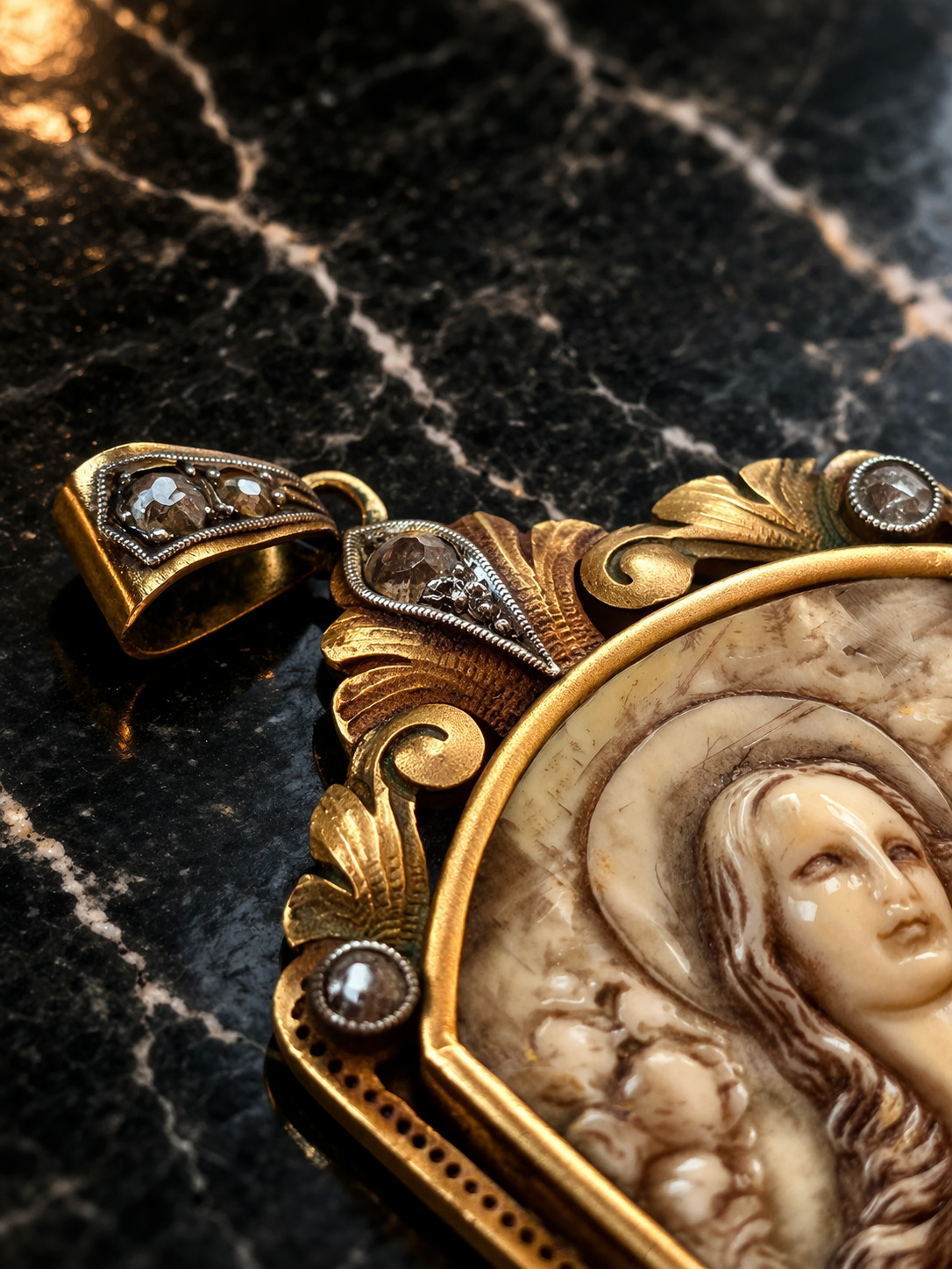 Antique 18K Gold Virgin Mary Pendant w/ 11 Diamonds Victorian Religious Rare XIX