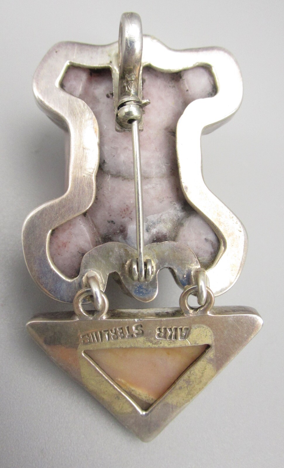 UNIQUE AMY KAHN RUSSELL STERLING RHODOCHROSITE TURTLE & QUARTZ BROOCH PENDANT