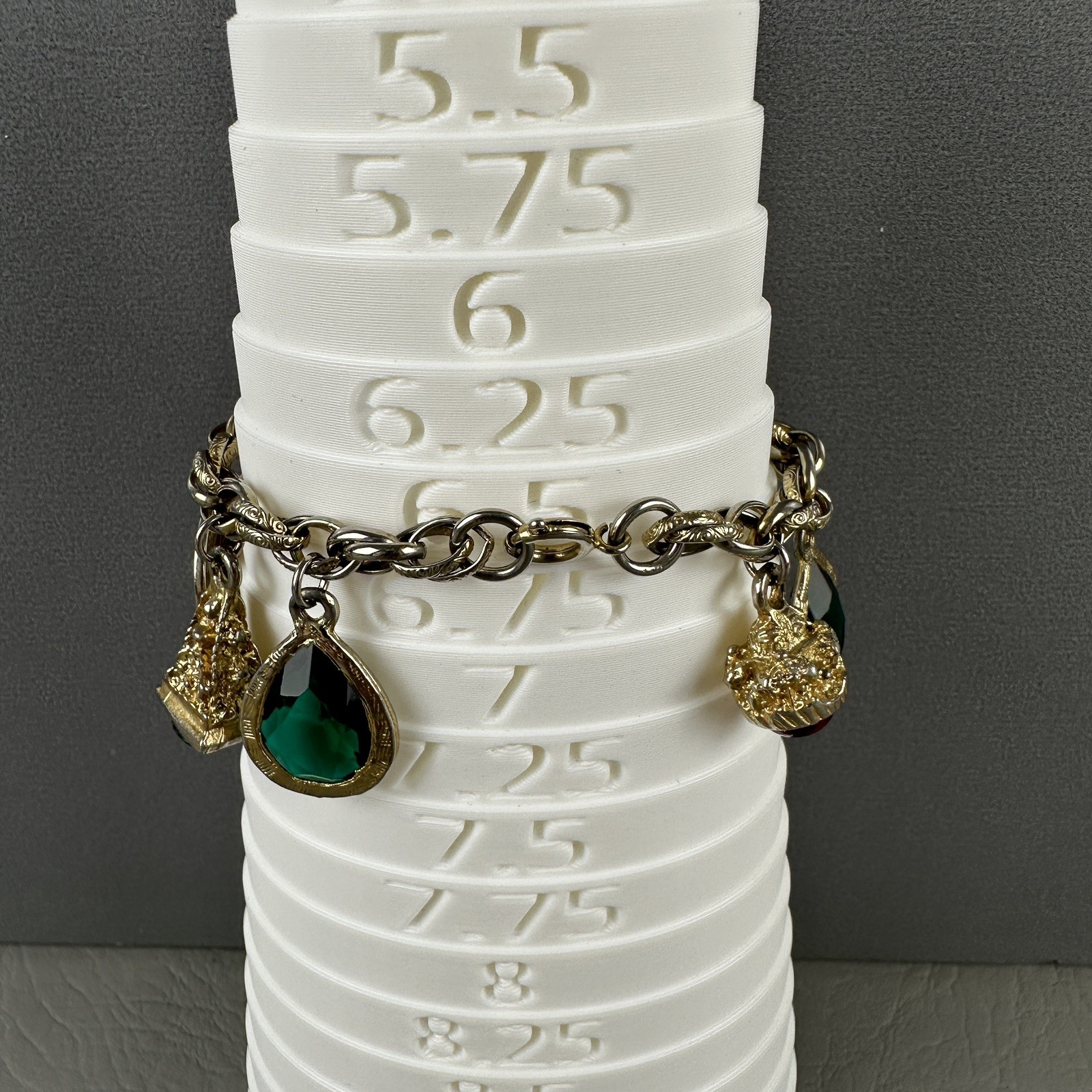 Vintage Charm Bracelet Gold Tone Glass Charms South Africa Coin 6.5″