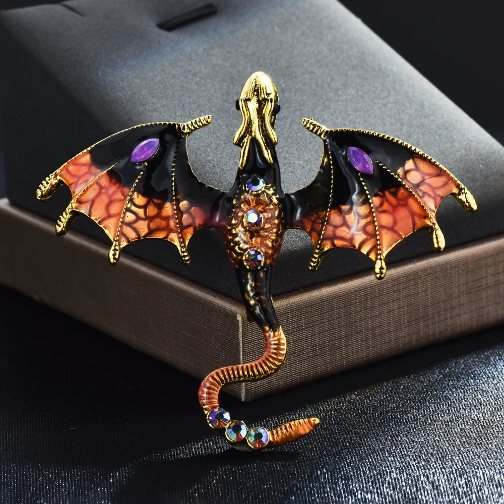 Enamel Dragon Brooch For Women Men 6-color Rhinestone Flying Legand Animal Pins
