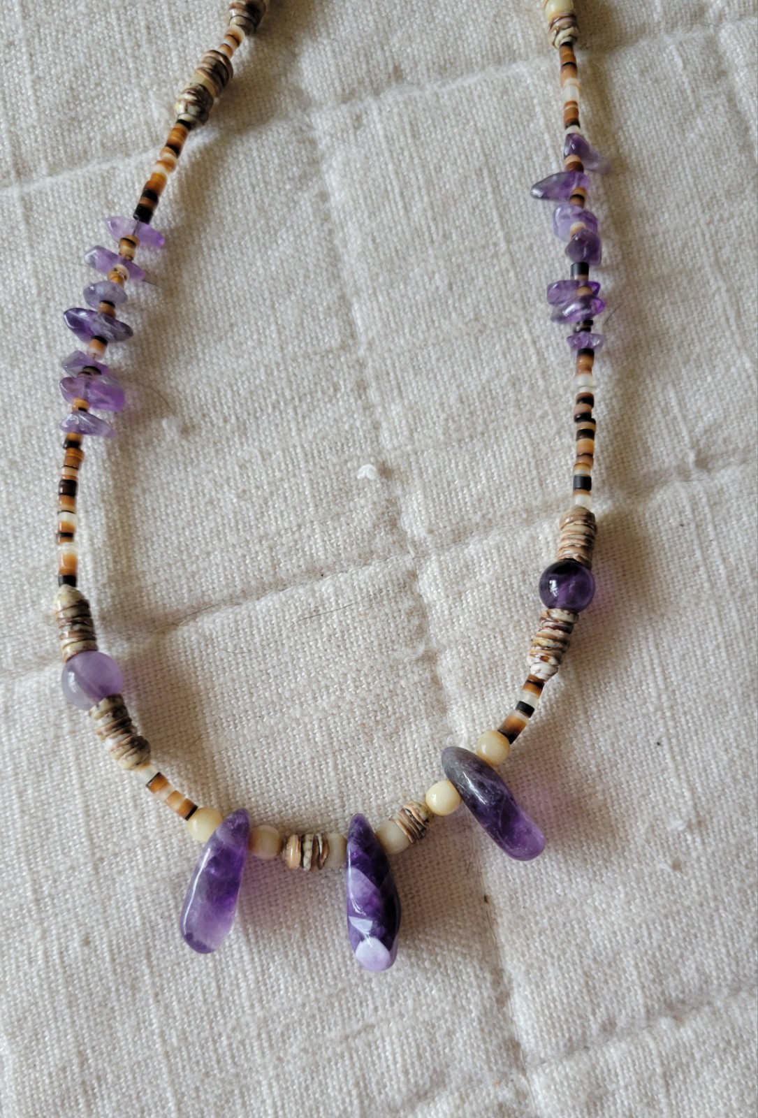 Handmade Chevron Amethyst Heishi Bead Necklace Vintage Earthy Boho Natural
