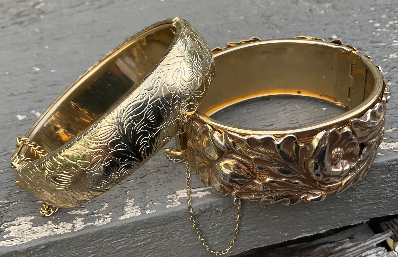 Vintage CUFF BANGLE BRACELETS Repousse Floral Nouveau Wide Gold Tone Finish