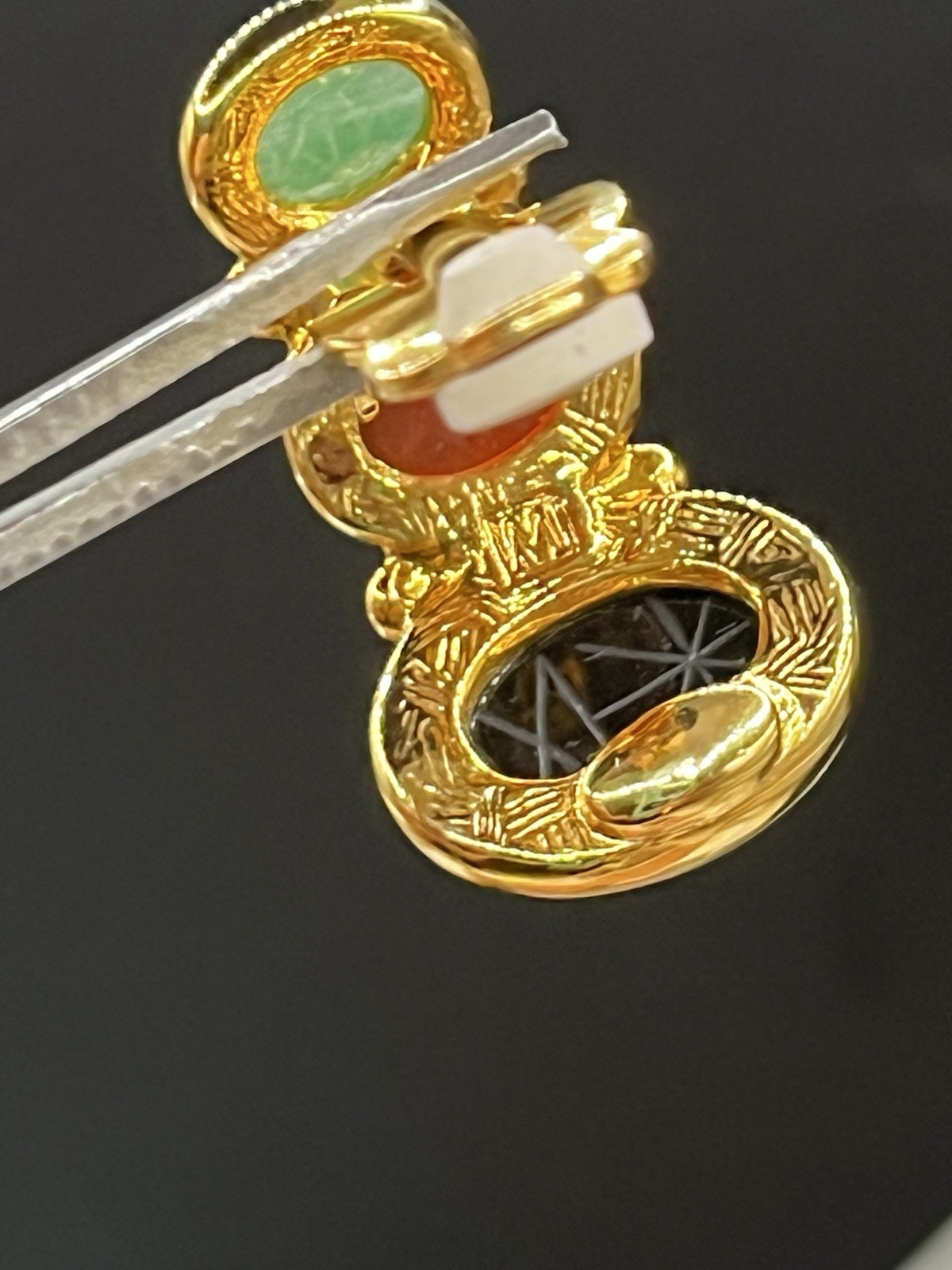 Egyptian Style Carved Scarab Weingeroff Glass/stone Half Hoop Drop Earrings