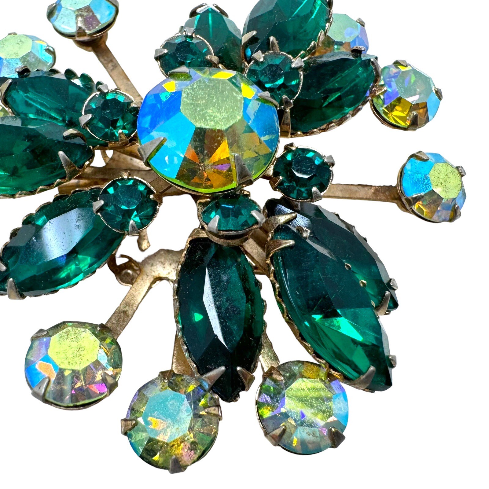Vtg Gold Tone Light Dark Green Rhinestone Brooch Rivet Filigree Back Satellite